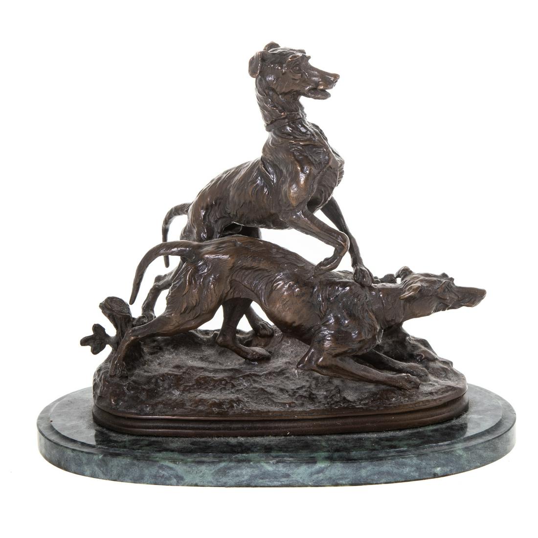 Continental Style Bronze of Two Dogs: In the manner of Mene, 9 in. H., 9 in. L., mounted on marble base. Estate of Linda McRae Noe Laine, heiress and philanthropist, Lake Tahoe, Nevada and Washington, DC.