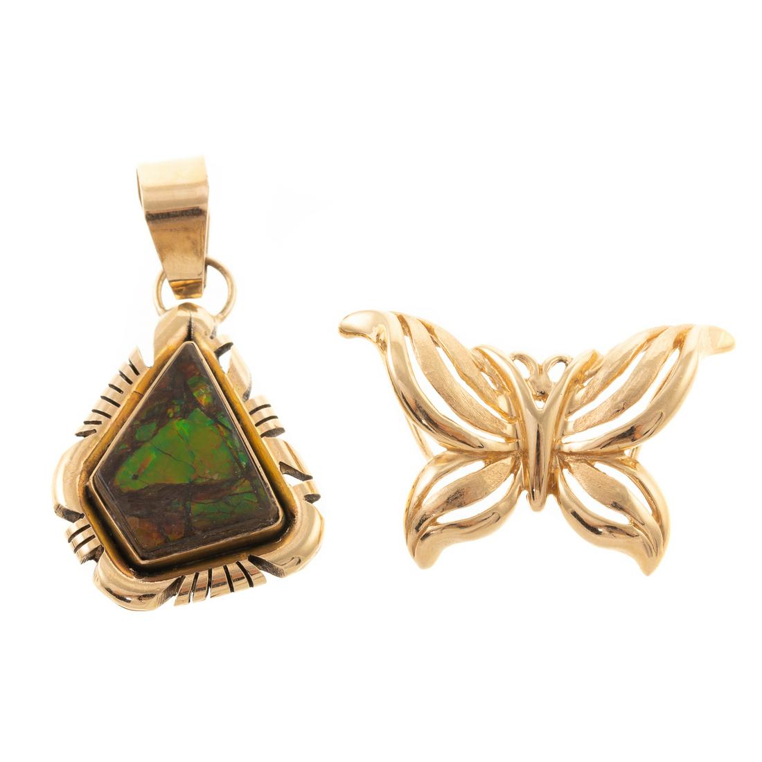 A Butterfly Pendant & Navajo Pendant in 14K: 1) 14K yellow gold butterfly slide pendant with openwork wings, 1 in. L, and 2) 14K yellow gold Navajo pendant by Robert Kelly featuring inlaid abalone, signed "Robt Kelly," 1.25 in. L, 11.7 grams The