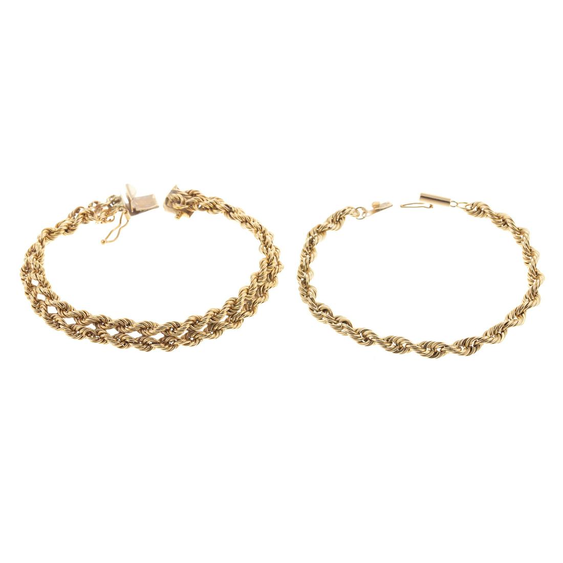 Two 14K Yellow Gold Rope Chain Bracelets: 1) 14K yellow gold double row rope chain bracelet with box clasp and safety latch, 7.25 in. L, and 2) 14K yellow gold rope chain bracelet with barrel clasp and safety latch, 7 in. L, 19.1 grams tw Pri