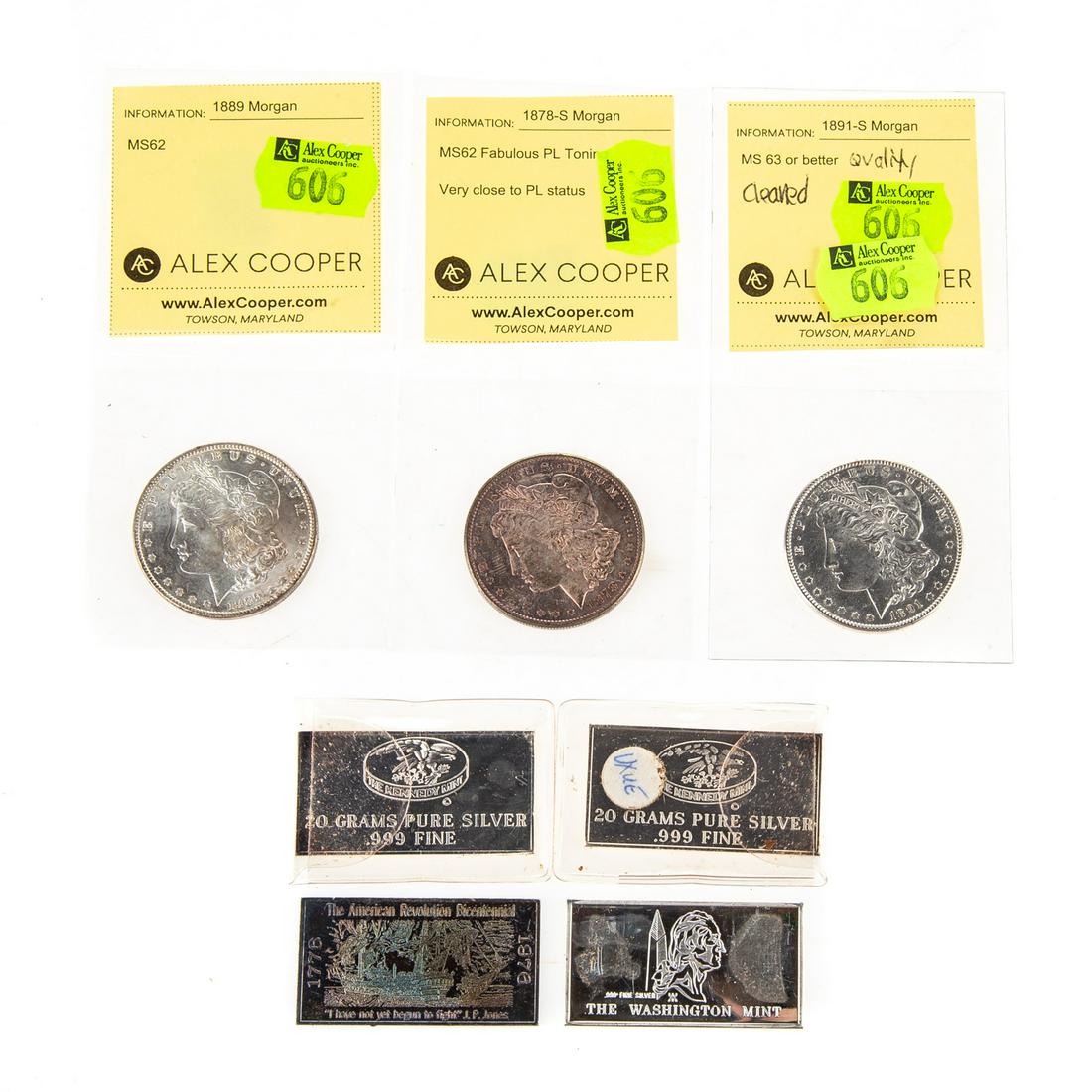 Three Silver Dollars & Four Silver Bars: 1878-S MS63 Almost PL status with gorgeous multicolor toning, 1889 MS62, and 1891-S MS63 quality but has cleaning lines. Four smaller silver bars totaling 2.55 oz .999 silver