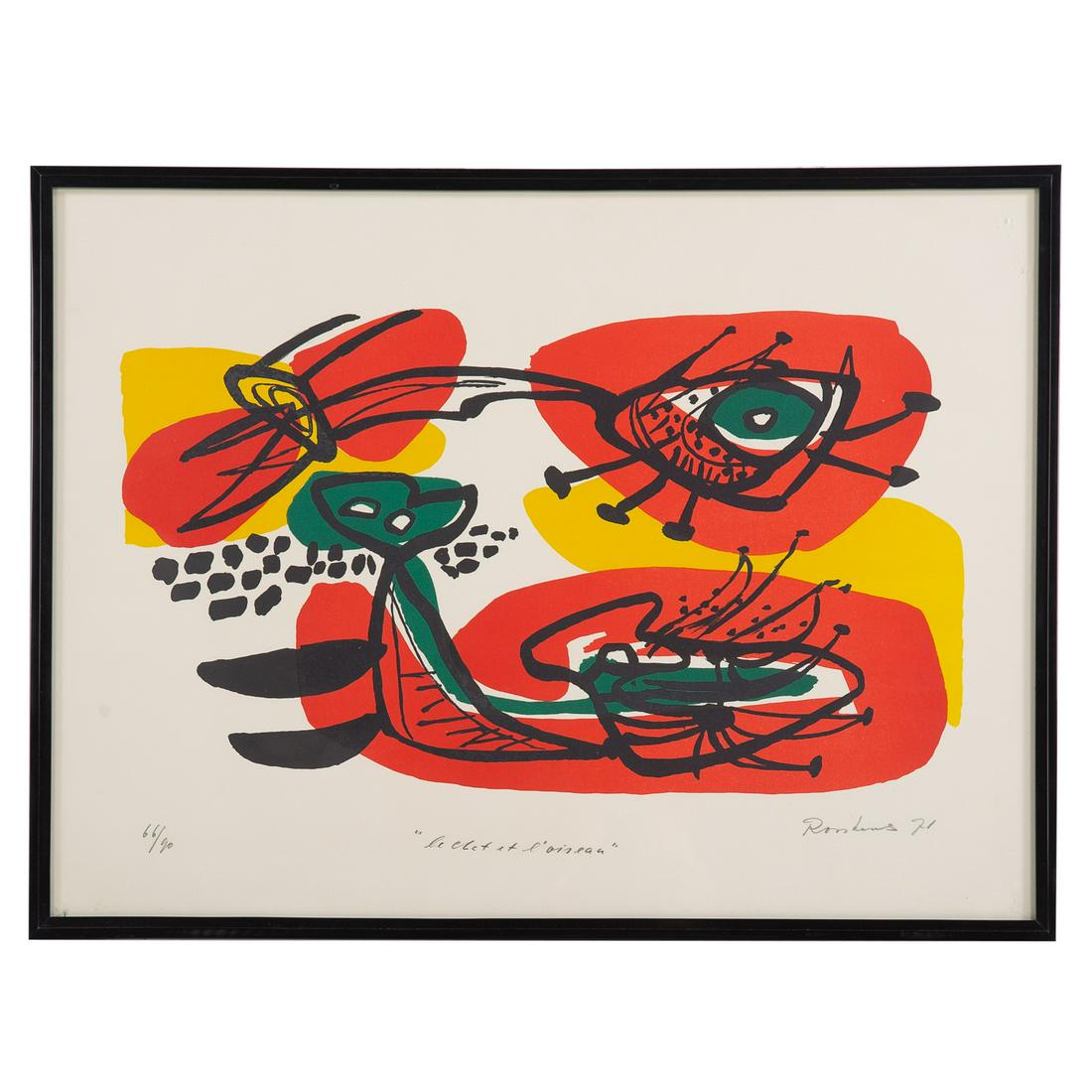 Anton Rooskens. "Le Chat et l'Oiseau," lithograph: (Dutch, 1906-1976). Lithograph in colors, ed. 66/90, pencil signed and dated "Rooskens '71" lr, pencil titled lc, sight size: 17 1/4 x 23 1/4 in., framed. Private collection, West Palm Beach, FL.