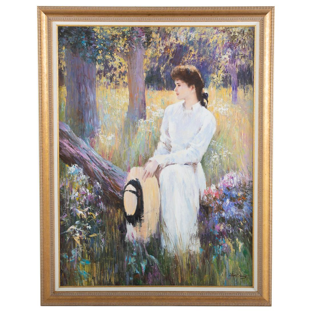 Hans Amis. Young Woman in Field, oil on canvas: (American, b. 1957). Oil on canvas, signed "Hans Amis" lr, 40 x 30 in., framed. Renaissance Fine Arts gallery label on verso.