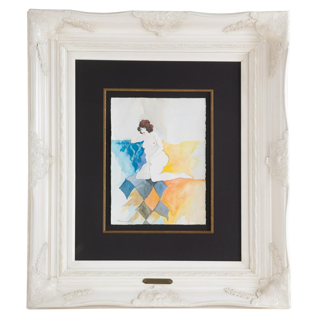 Itzchak Tarkay. Female Nude, watercolor: (Serbian/Israeli, 1935-2012). Watercolor on paper, signed "Tarkay" ll, sheet size: 15 x 11 in., framed. Private collection, Naples, FL. Perry Gallery C.O.A. on verso.