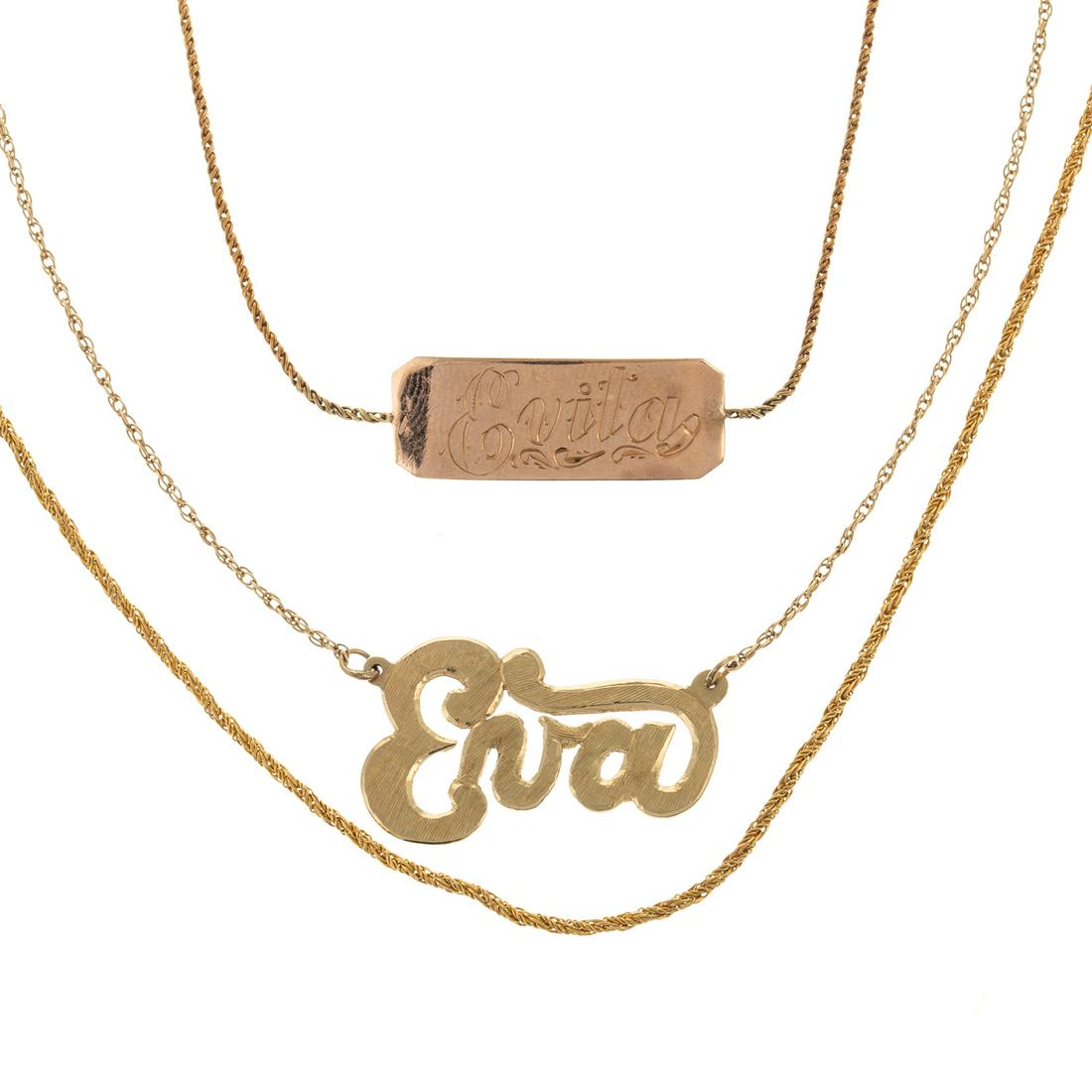 Two Chain Necklaces & One Chain Bracelet in 14K: 1) 14K yellow gold chain link necklace featuring "Eva" pendant with textured finish, spring ring clasp, 19.5 in. L, 2) 14K yellow gold woven link chain, spring ring clasp, 16 in. L, and 3) 14K yellow