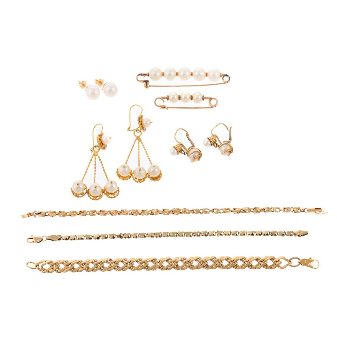A Large Collection of 14K Yellow Gold Jewelry: 1) Two 14K yellow gold fancy link bracelets, 6.50 in. L, 2) pair of 14K yellow gold dangle earrings featuring post set pearls, locking hooks, 2 in. L, 3) two pairs of 14K yellow gold pearl earrings in