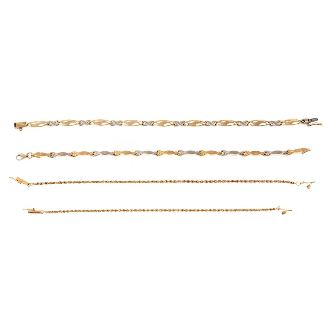 A Collection of Four 14K Gold Bracelets: 1) Two 14K yellow and white gold fancy link bracelets with lobster, hidden box clasps, and 2) two 14K yellow gold twisted rope bracelets, hidden box clasps, 6.25 -7.5 in. L, 16.7 grams tw