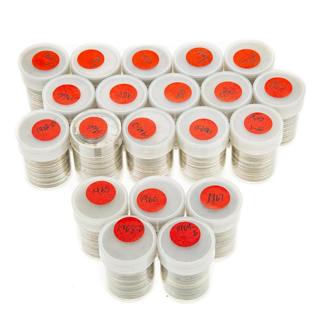 400 (20 Rolls) 40% Silver JFK Halves: Solid Date Rolls 1965-4, 66-4, 67-4, 68-D-5, 69-D 3 (1-1965 has 19 with 1-66)