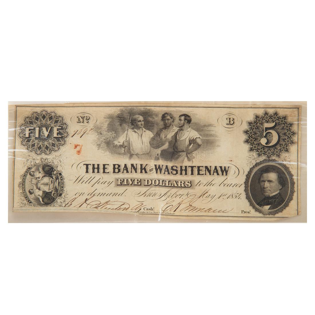 14 - $5 Bank of Washtenaw Obsolete May 1854 Notes (1 of 8)