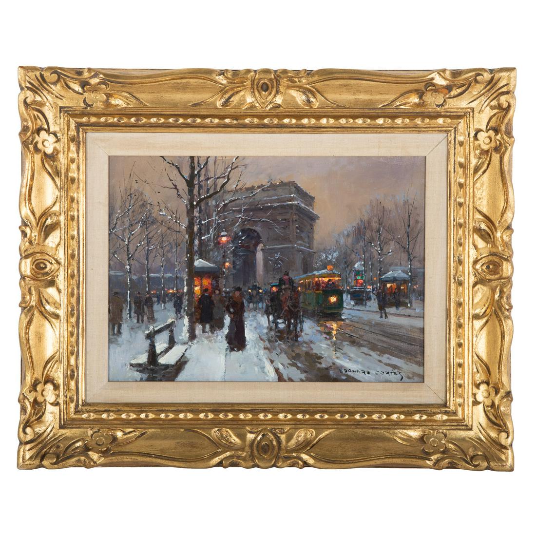 Edouard Cortes. "Snowy Evening in Paris," oil: (French, 1882-1969). Oil on canvas, signed "Edouard Cortes" lr, 13 x 17 in., framed. From the Estate of Jack Luskin, Baltimore, MD. Galerie F. Clair, The Grand Hotel, Paris France, 1954.