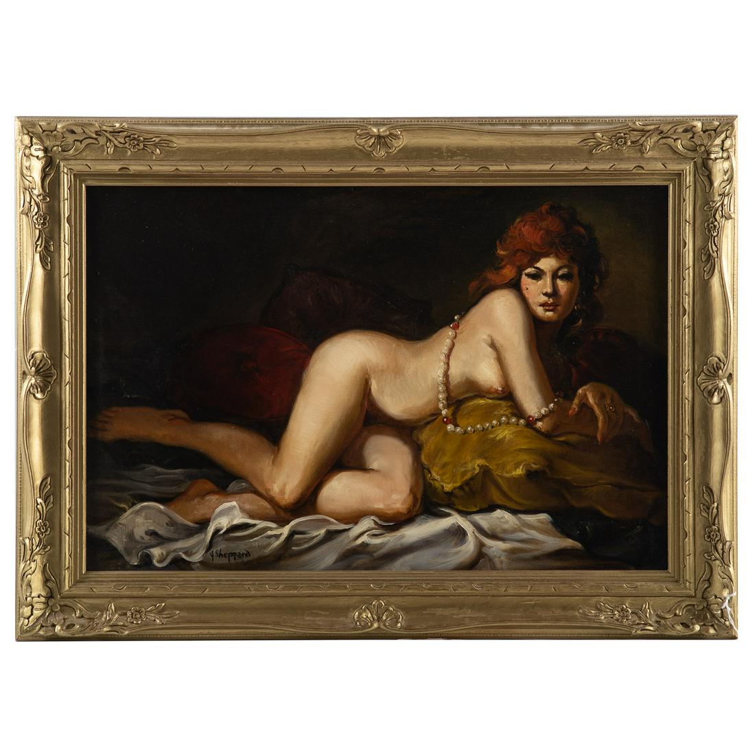 Joseph Sheppard. Reclining Nude with Red Hair, oil: (American, b, 1930). Oil on canvas, signed "Sheppard" ll, 24 x 36 in., framed. From the Estate of Jack Luskin, Baltimore, MD.