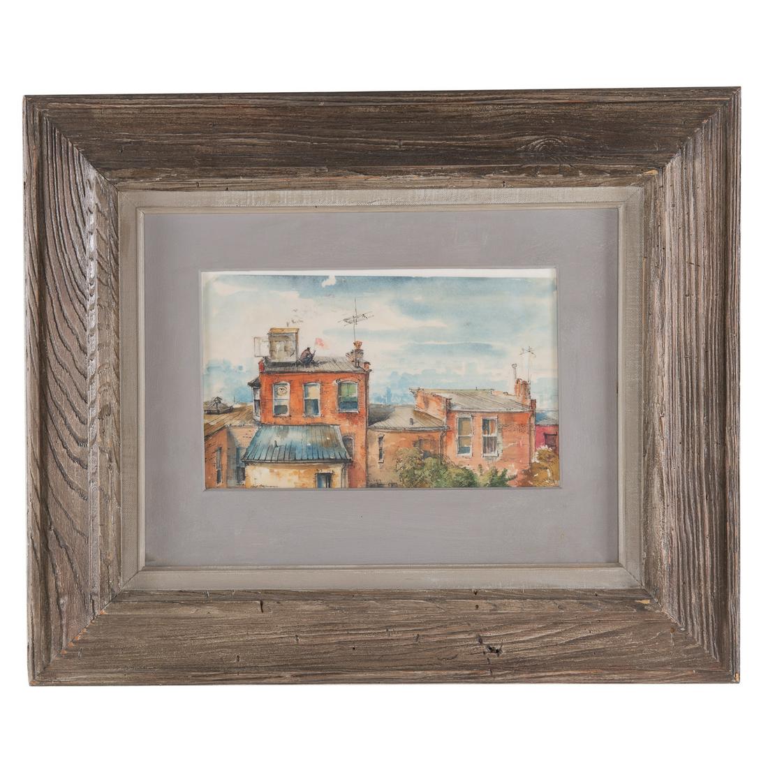 Earl Francis Hofmann. "Rooftops," watercolor: (American, 1928-1992). Watercolor with pen and ink, 1967, signed "Earl Hoffman" ll, signed, tiled and dated on verso, sight size: 7 1/4 x 11 3/4 in., framed. From the Estate of Jack Luskin, Baltimore,