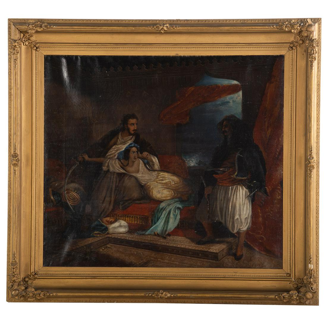 Continental School, 19th c. Orientalist Scene, oil: (19th century). Oil on canvas, unsigned, 31 1/4 x 35 1/4 in., framed.