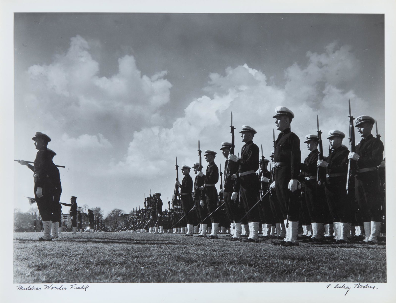 A. Aubrey Bodine. "Middies, Worden Field": (American, 1906-1970). Gelatin silver print, signed "A. Aubrey Bodine" lr, titled ll, photographer stamp on verso, 11 x 14 in., unframed.