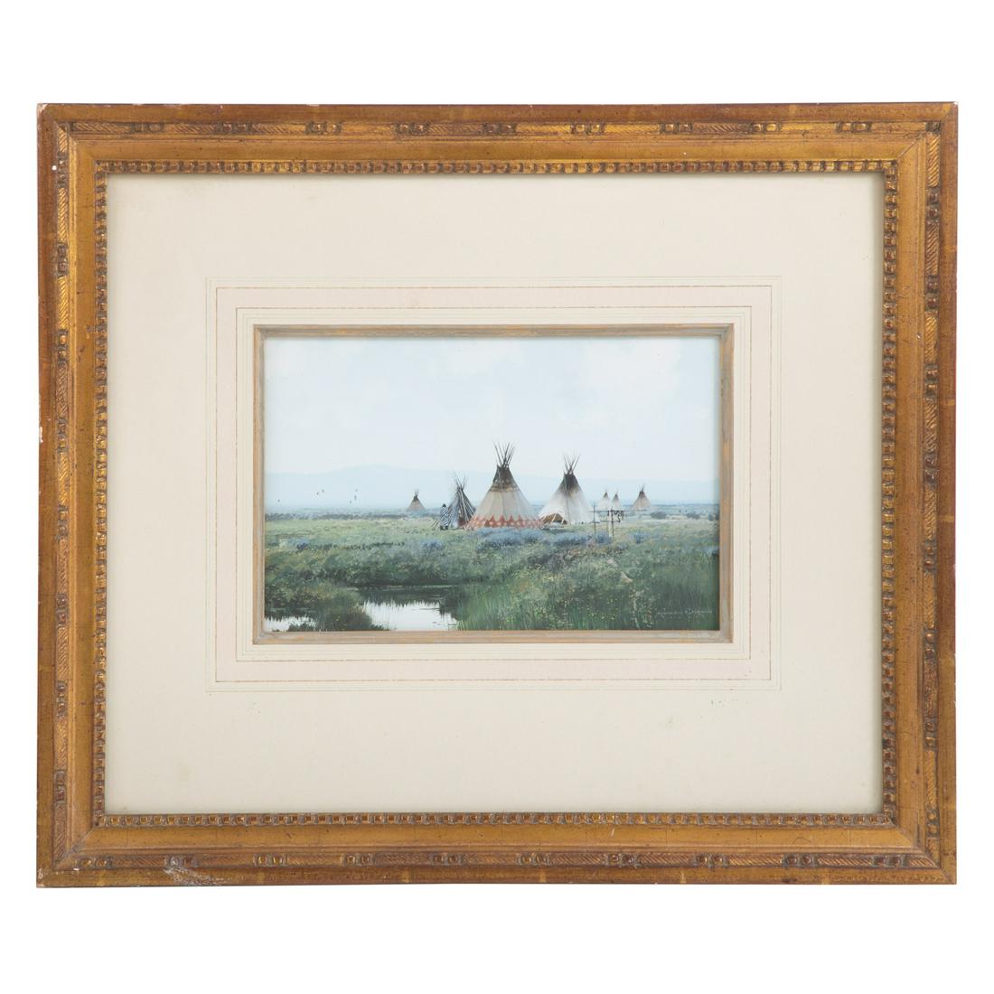 Michael B. Coleman. Indian Encampment, gouache: (American, b. 1946). Gouache on paper, signed "Michael Coleman" lr, personalized inscription on verso, sight size: 6 1/4 x 10 in., framed.