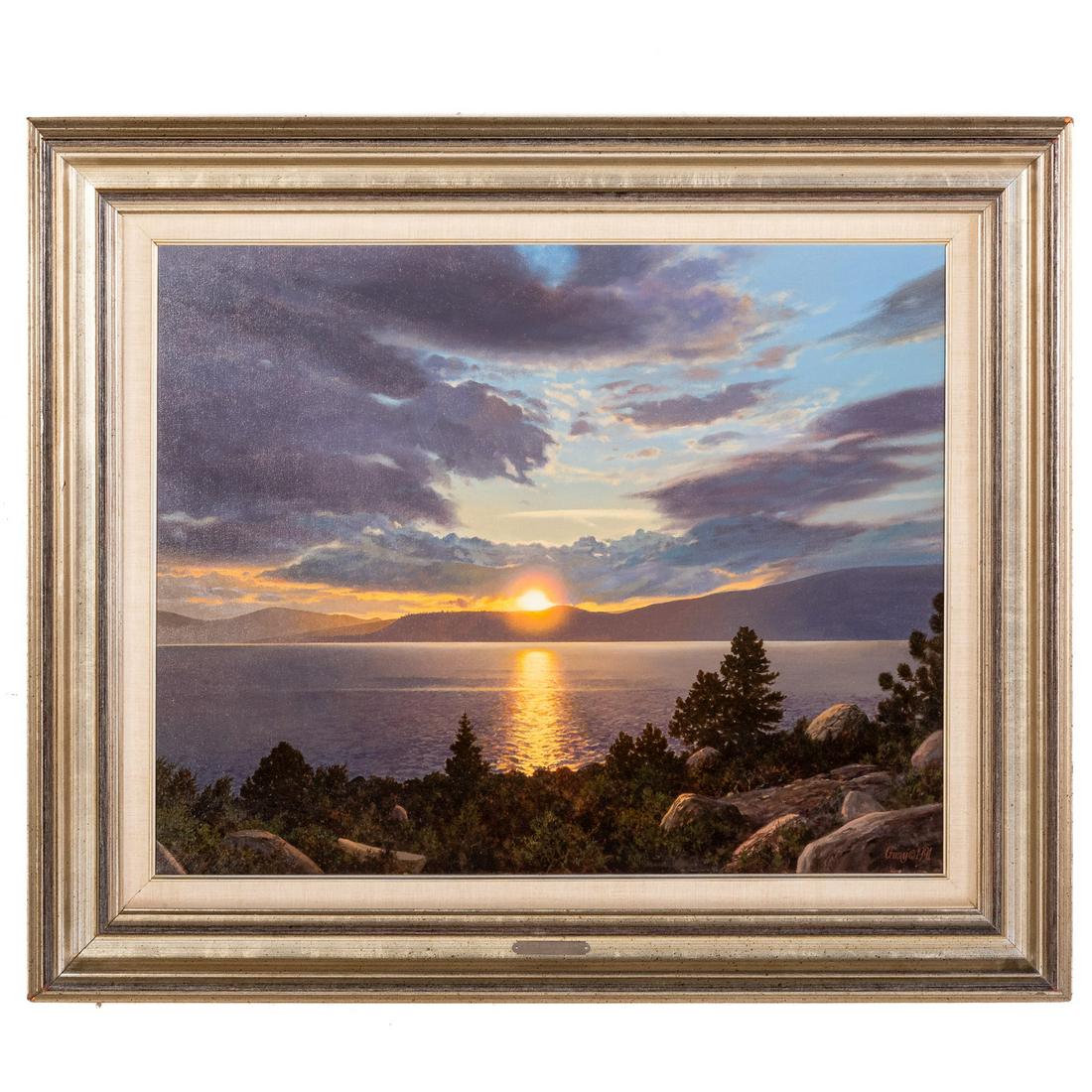 Jean Guay. "A Tahoe Summer Evening," oil on canvas: (American, 1930-2005). Signed and dated "Guay, 1991" lr, signed, titled and dated on verso, 24 x 30 in., framed. Estate of Linda McRae Noe Laine, heiress and philanthropist, Lake Tahoe, Nevada and Was