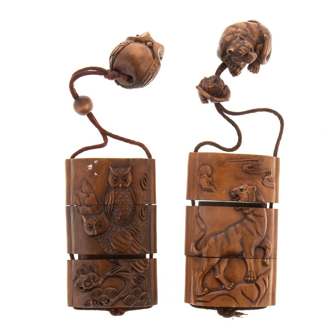 Two Japanese Carved Wood Inro: 20th century; three part inro with carved relief of two owls in a tree, with carved wood owl netsuke, 3 1/2 in. L., 2 1/4 in. W. and three part inro with carved relief of tiger, with carved wood tiger