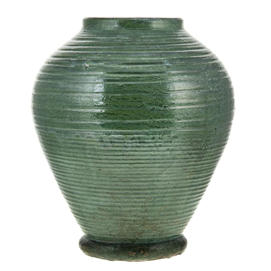 Merrimac Pottery Vase: Circa 1905; green glazed ribbed vase, with impressed mark, 14 1/2 in. H.