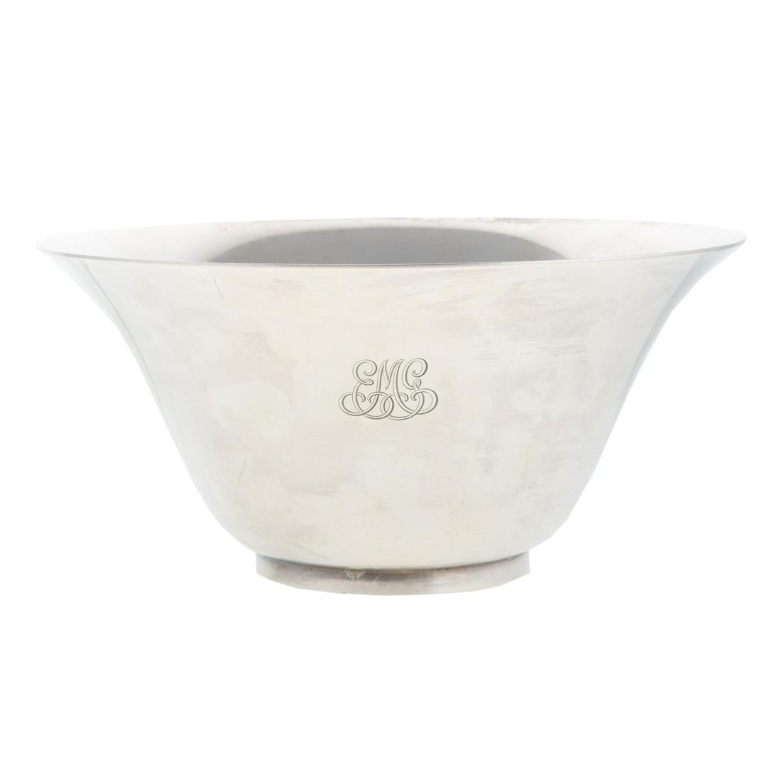 Tiffany & Co. Sterling Bowl: 1907-1947 date mark, pattern# 16667F; modified Revere-style bowl with gently flaring rim, monogram, 4 1/2 in. H, 9 1/8 in. Diam., 27.15 ozt.