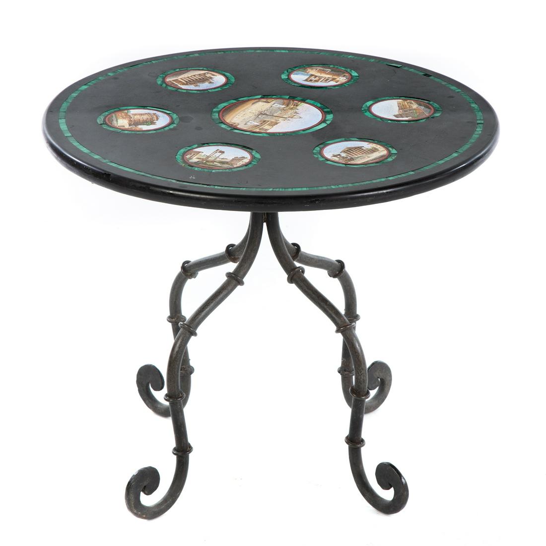 Italian Micromosaic Table Top & Base: Circa 1850; Circular top with seven elaborate and detailed architectural roman scenes including the Colosseum, St. Peters Square, Pantheon with malachite borders in black marble on forged metal scroll