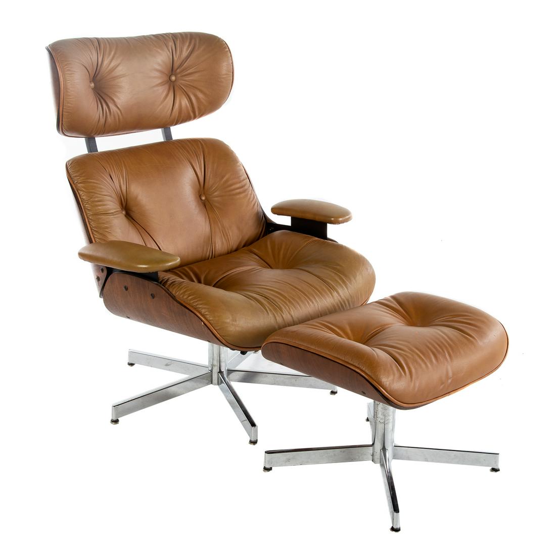 Eames Style Chair & Ottoman by Selig: Chair - 38 in. H., 33 in. W., 36 in. D., ottoman - 16 in. H., 21 in. W., 17 in. D.