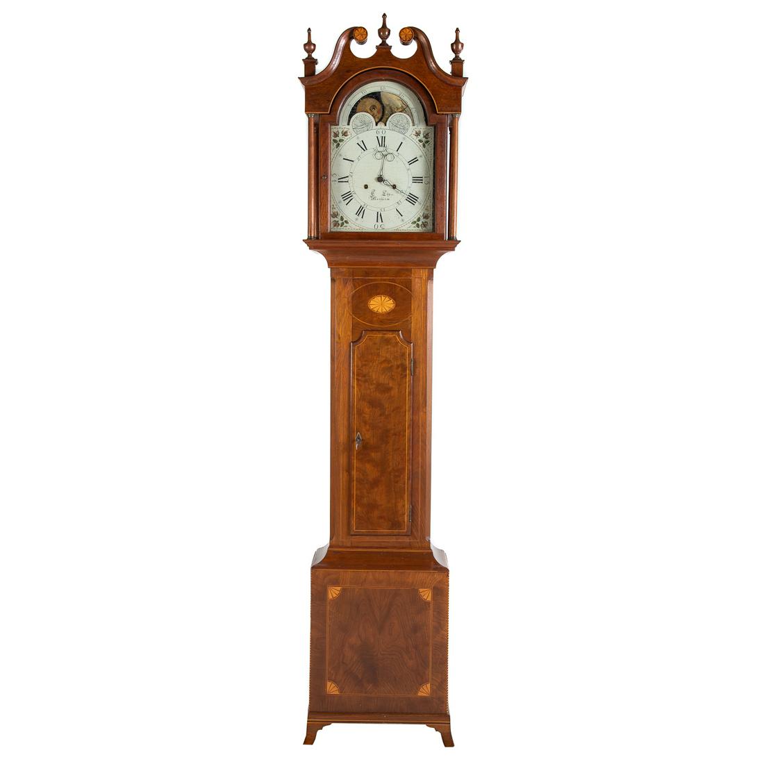 Federal Walnut Tall Case Clock, Jacob Eby: Circa 1800; elaborate inlaid walnut case, with painted sheet metal moon phase dial, signed "J. Eby Manheim,"( Ca. 1776-1828), 96 in. H. From the family and descendents of Charles Potts Talbot (1807-18