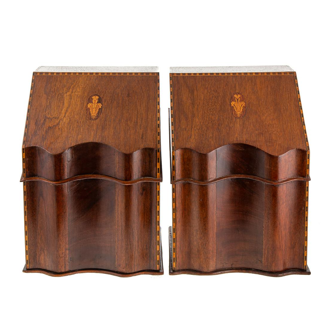 Pair of Federal Style Mahogany Knife Boxes: Centennial, 1876; serpentine form with barber pole and foliate inlay, fitted interiors. 14 in. H., 10 in. W., 9.5 in. D.