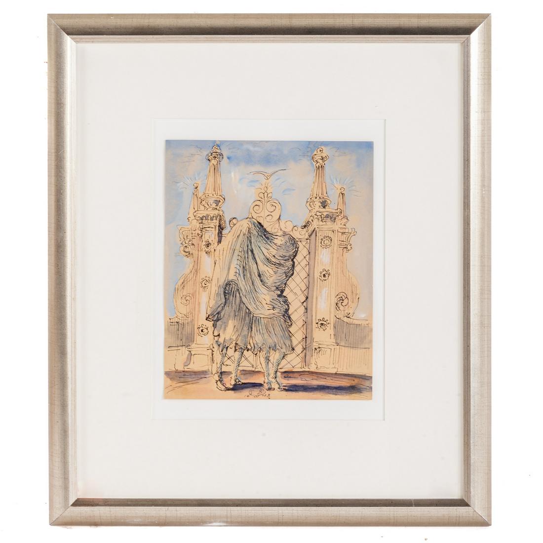 Eugene Berman. "Studies for Rigoletto," ink: (Russian, 1899-1972). Pen and ink with watercolor on paper, signed in ink with artist's monogram "EB 1948" lc, verso includes ink studies of two figures, sheet size: 11 1/8 x 9 in., framed. From the c