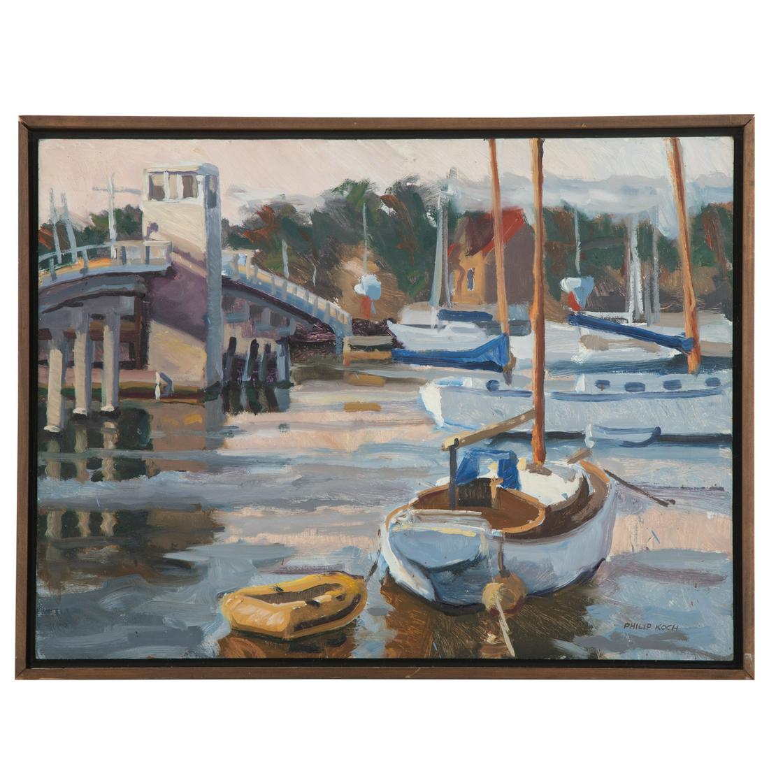 Philip Koch. "Harbor Morning," oil: (American, b. 1948). Oil on masonite, 1987, signed "Philip Koch" lr, signed, titled and dated on verso, additional identifying information on verso, 15 x 20 in., framed. Private collection, Baltimore,
