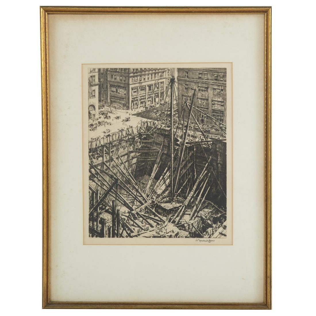 David Muirhead Bone. "Manhattan Excavation": (American, 1876-1953). Etching, 1928, pencil signed "Muirhead Bone" lr, plate size: 12 1/4 x 10 in., framed. David Bendann's Fine Art Rooms, Baltimore, MD label on verso.