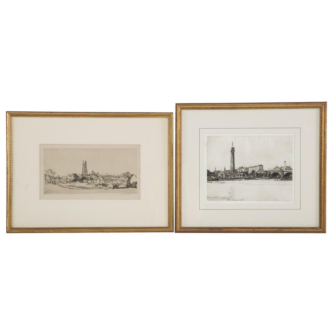 David Muirhead Bone. Two Framed Etchings: (British, 1876-1953). 1.) "St. Cuthbert, Wells-Somerset No.1" 1921, pencil signed "Muirhead Bone" lr, plate size: 4 3/4 x 9 3/4 in. 2.) "The Shot Tower," 1904, pencil signed "Muirhead Bone" lr, plate