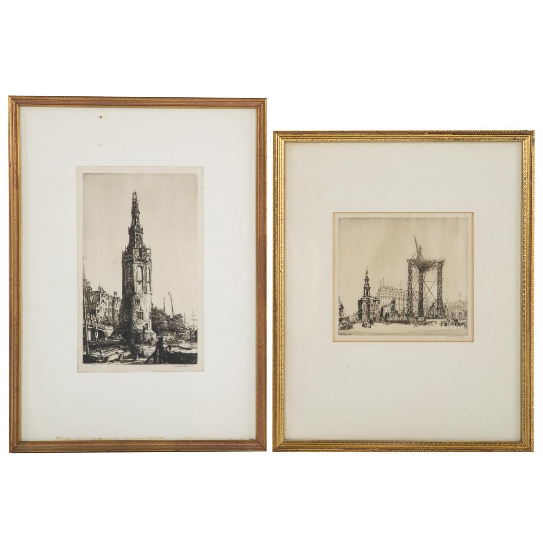 David Muirhead Bone. Two Framed Etchings: (British, 1876-1953). 1.) "Montablan Tower, Amsterdam," 1913, pencil signed "Muirhead Bone" lr, plate size: 9 1/4 x 5 1/2 in. 2.) "The New Strand," 1908, pencil signed "Muirhead Bone" lr, plate size: