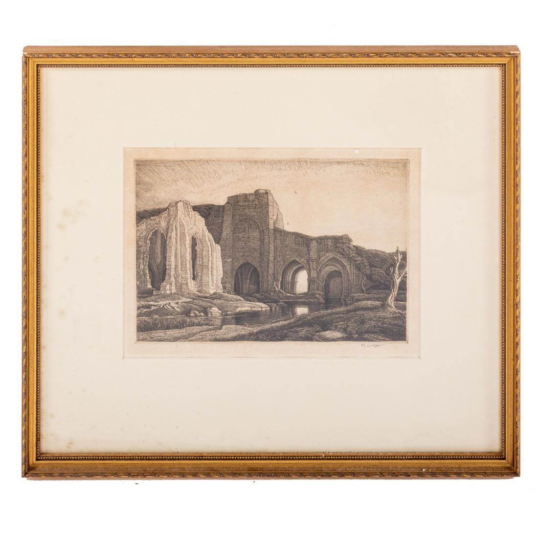 Frederick Landseer Griggs. "Fen Monastery," etching: (British, 1876-1938). 1923, pencil signed "F.L. Griggs" lr, plate size: 6 1/2 x 9 3/4 in., framed.