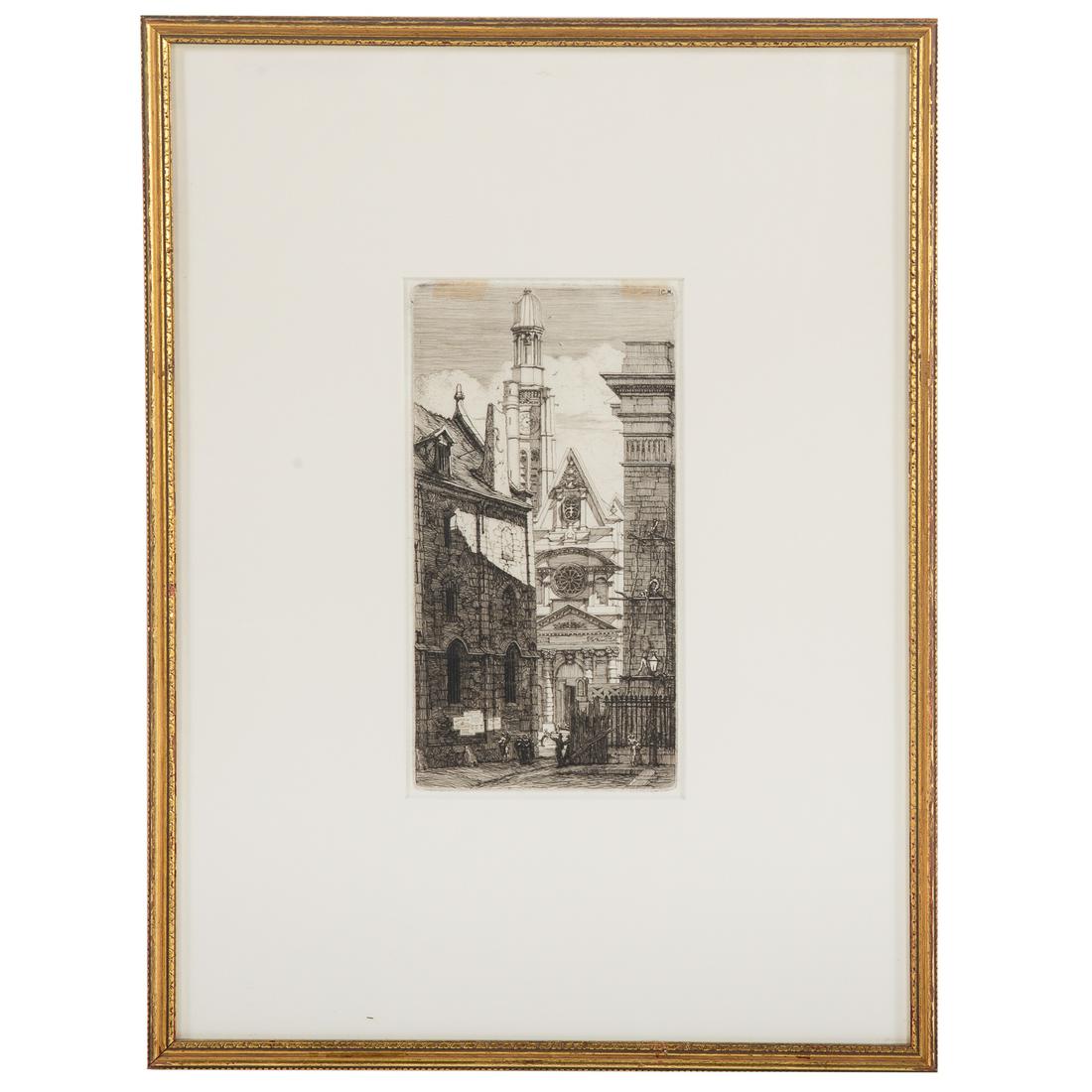 Charles Meryon. "St. Etienne du Mont," etching: (French, 1821-1868). Unsigned, plate size: 9 3/4 x 5 in., framed.