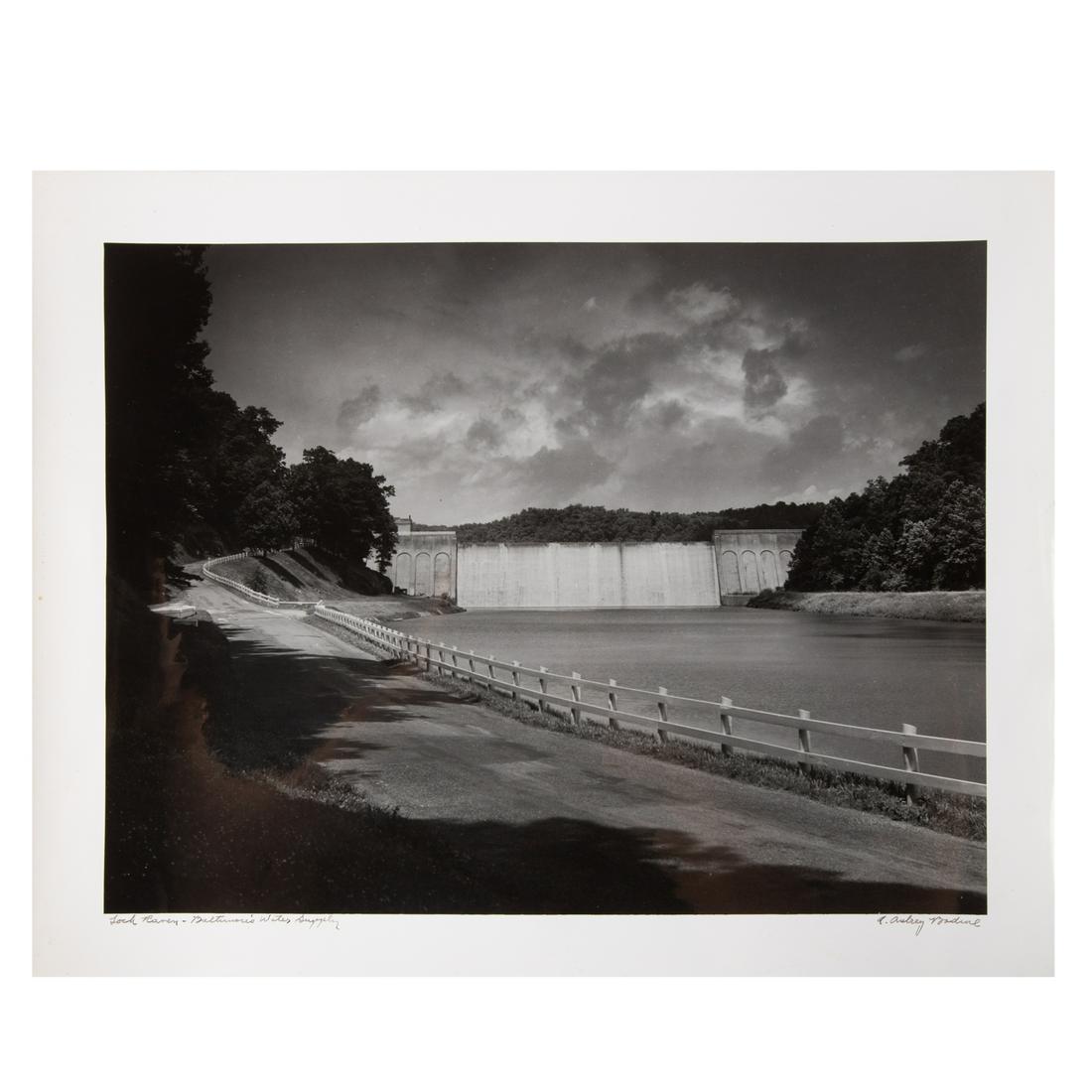 A. Aubrey Bodine. "Loch Raven...": (American, 1906-1970). "Loch Raven-Baltimore's Water Supply," gelatin silver print, signed "A. Aubrey Bodine" lr, titled ll, photographer stamp on verso, 11 x 14 in., unframed.