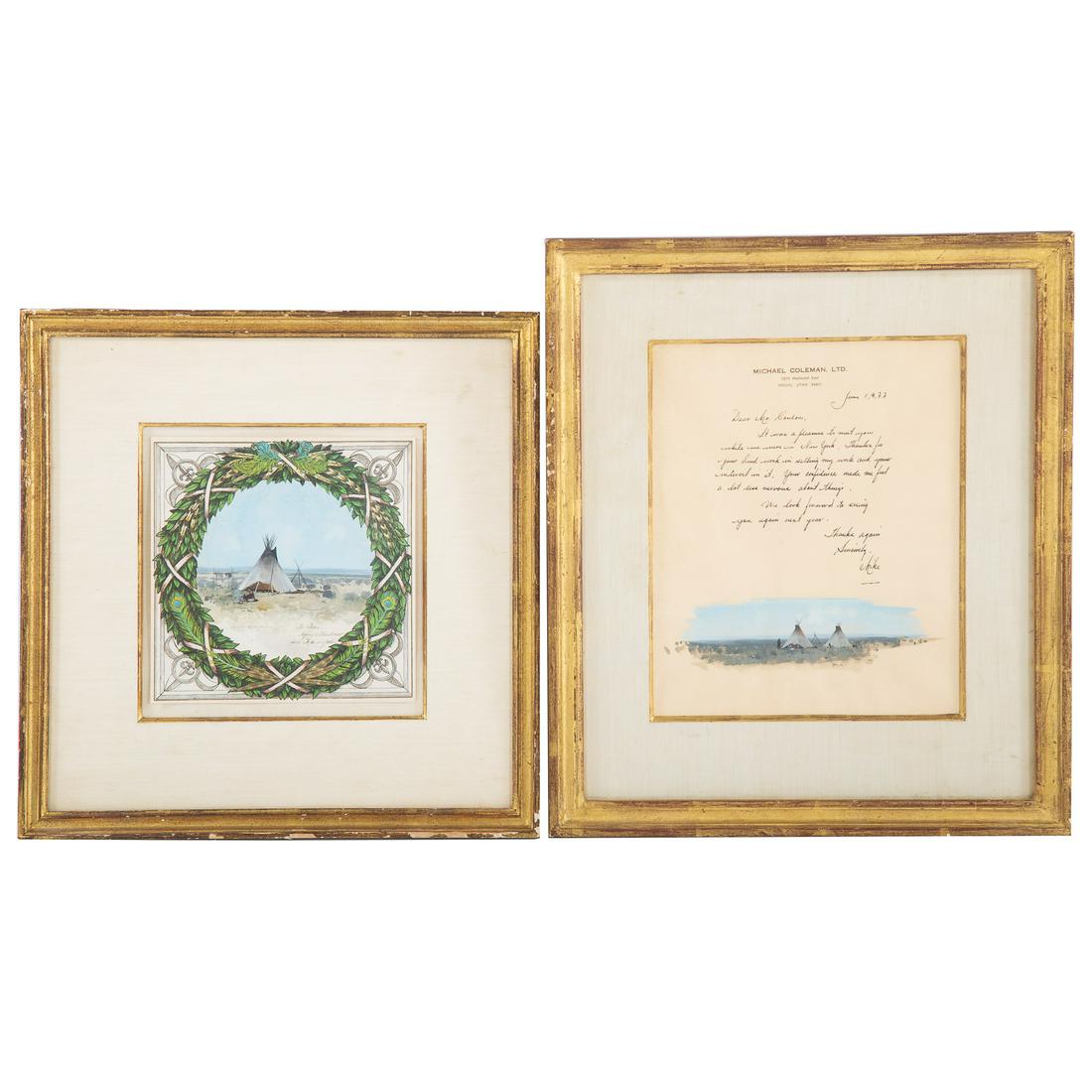 Michael B. Coleman. Two Western gouaches on paper: (American, b. 1946). 1.) On the Plains, gouache and watercolor on paper, signed "Michael Coleman" ll, inscribed "To Gene, Merry Christmas from Mike and Jackie:" lr, 6 3/4 x 6 3/4 in., framed. 2.) Indi