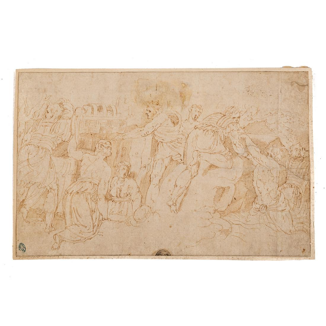 Circle of Perino del Vaga. Classical Scene, ink: (Italian, 1501-1547). Pen and ink on paper, collector's stamps ll and lc, 6 3/4 x 10 1/2 in., unframed. Ex. Vallardi collection, ex. Dr. L. Pollack, Rome, collection.