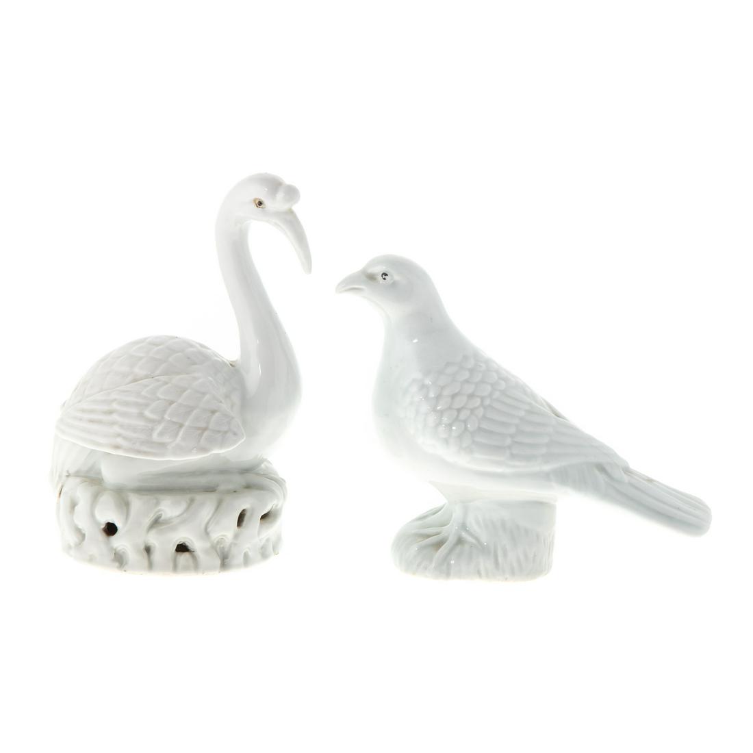 Chinese Celadon Ibis & Dove: Ibis on reticulated nest base, 7 1/2 in. H. and dove standing on grassy base, 6 in. H.
