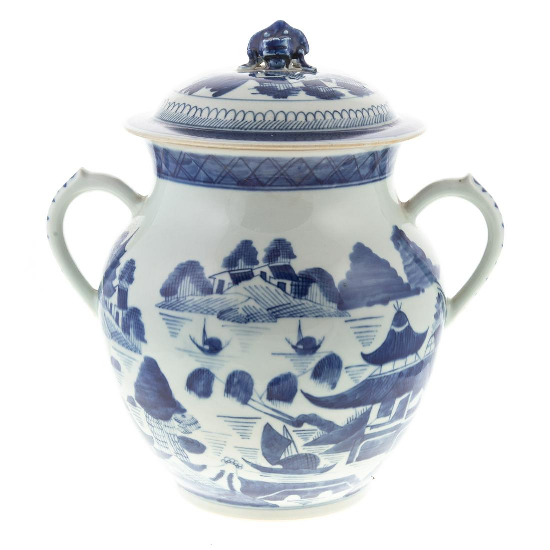 Chinese Export Canton Jar: Double handled jar with meandering river scene, 12 in. H.