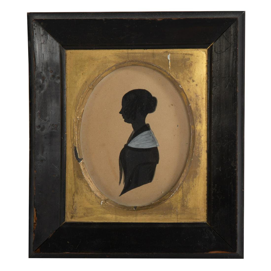 American Painted Silhouette: Circa 1820-30; half length profile of young woman, with hair details and opaque scarf, 3 x 4 1/2 in., in period ebonized and gilt wood frame.