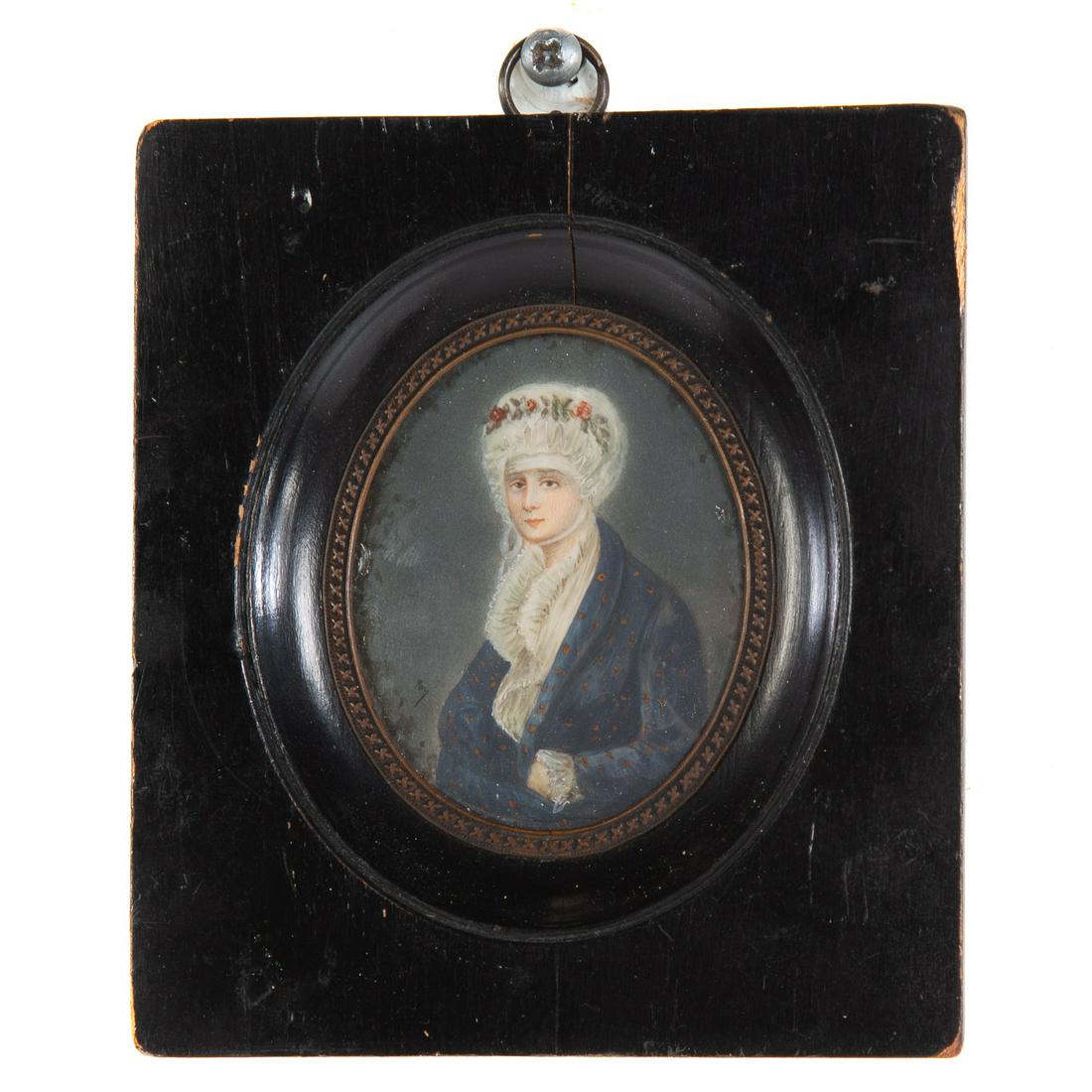 American School, 19th Century, Portrait Miniature: Seated woman in bonnet,gouache, in ebonized wood frame, 2 x 2 1/2 in.
