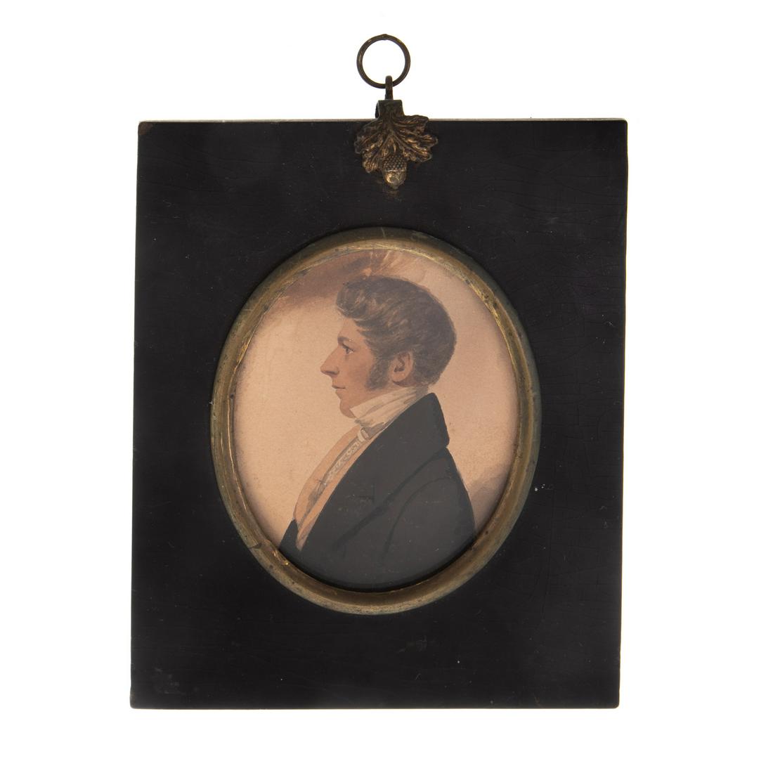 Portrait Miniature of Lemuel Gurney: Dated 1830; profile portrait of well dressed young man with well coifed hair, gouache on paper, identified on verso, 2 1/2 x 3 in., in ebonized wood frame.