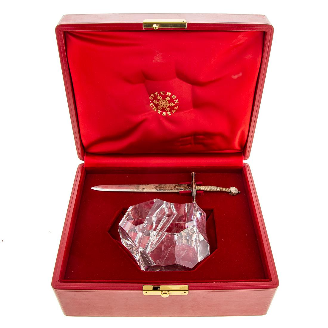 Steuben "Excalibur" Paperweight with Sword: Steuben crystal paperweight, marked "Steuben" with a sterling sword letter opener with 14K gold hilt also marked "Steuben". In fitted box; 8 1/4 in. H.