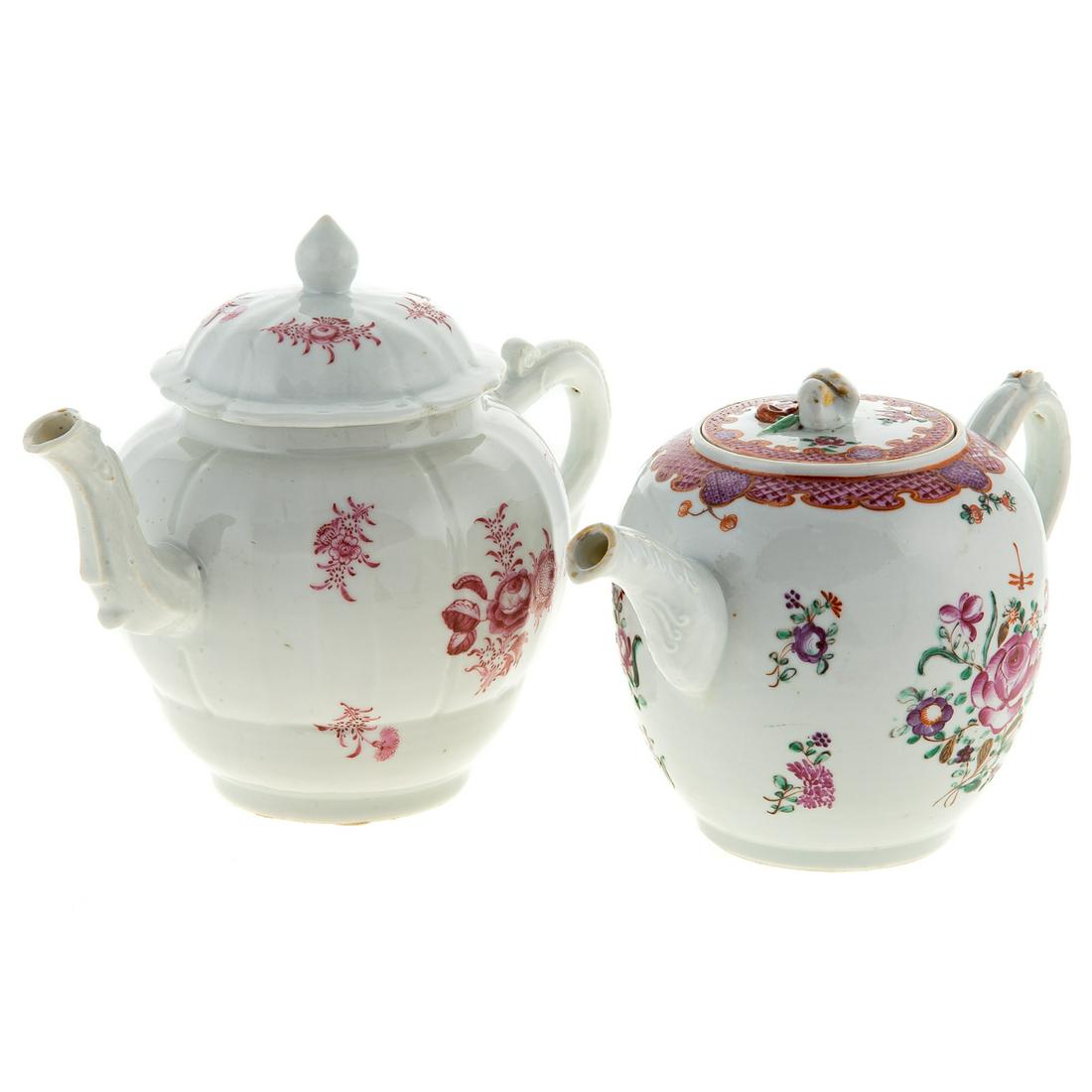 Two Chinese Export Porcelain Teapots: Circa 1760; Famille Rose globular teapot with floral decoration with fish scale border, 5 1/2 in. H., 8 in. L. and Meissen Influenced Teapot, with puce floral sprays, 6 1/2 in. H. From the Estate of P