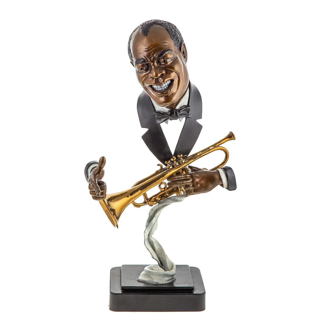 Paul Wegner, Louis Armstrong Bronze: (American, b. 1950). Stylized sculpture of legendary architect of jazz, 25 in. H., with COA