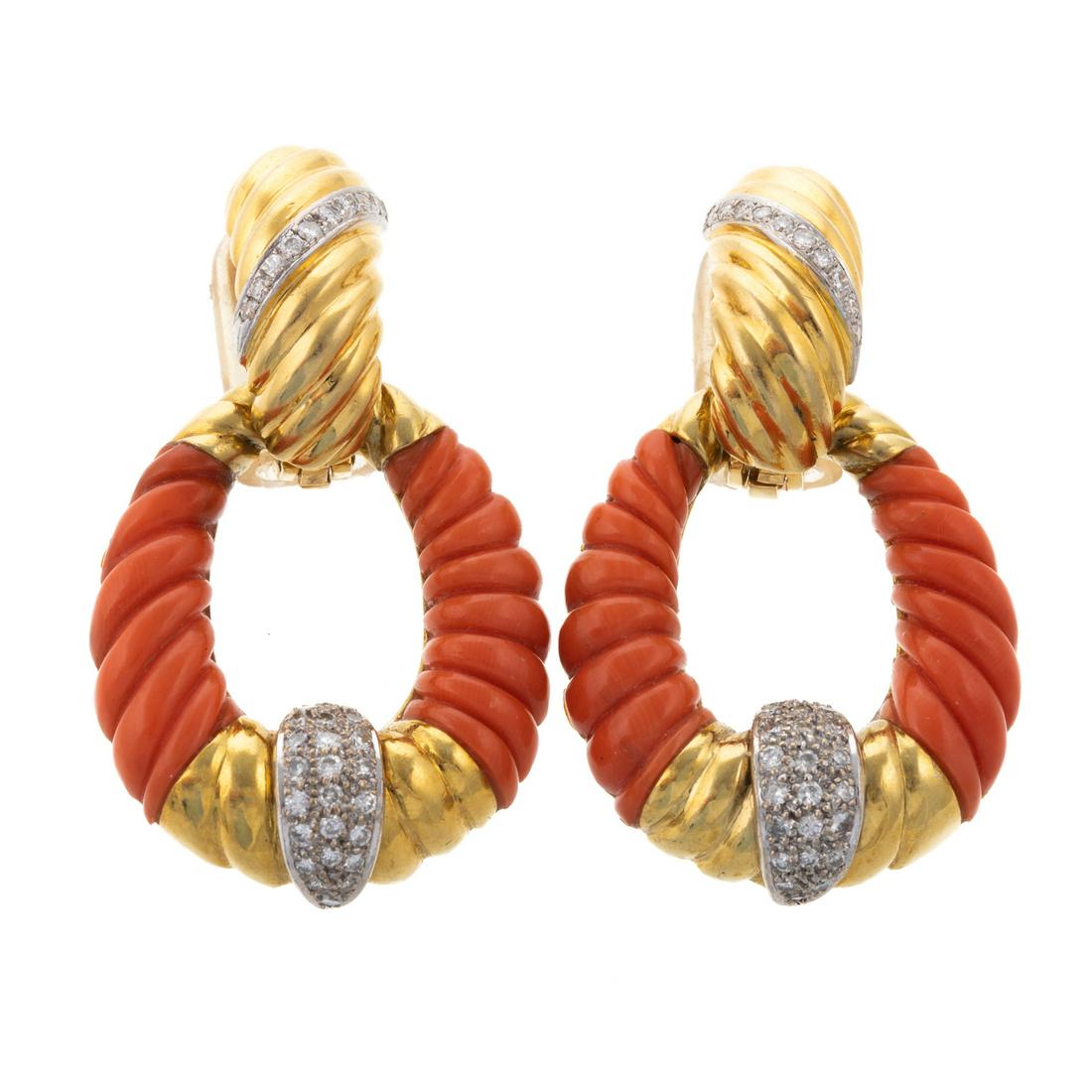 A Pair of 18K Yellow Gold Carved Coral Earrings (1 of 5)
