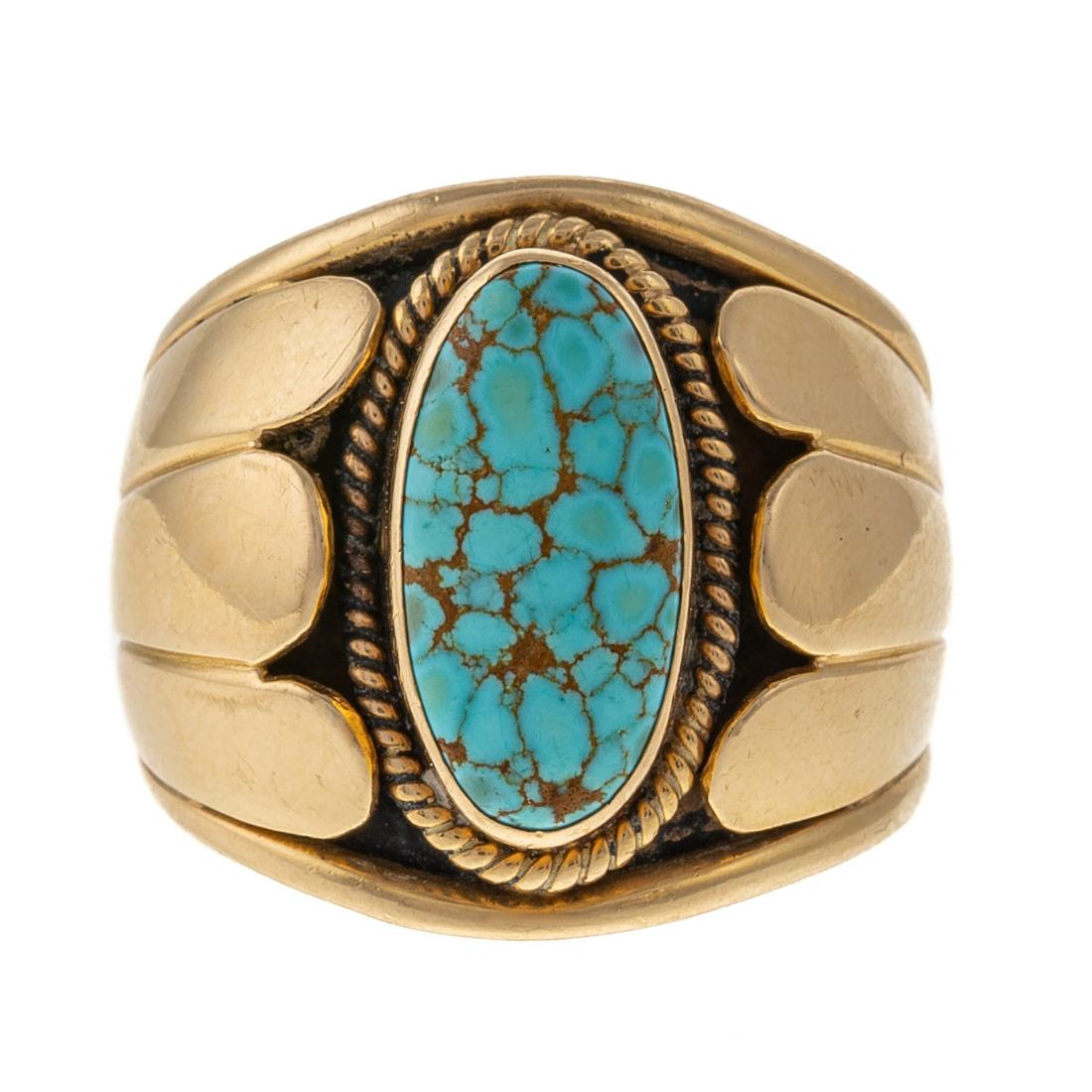 A Rare 14K Navajo Turquoise Ring by Cortez H.: 14K yellow gold ring by Cortez H, IW featuring a bezel set oval turquoise in the center with rope frame, sz 13.75, 14.9 grams A Private Collection from a Prominent Annapolis Family.