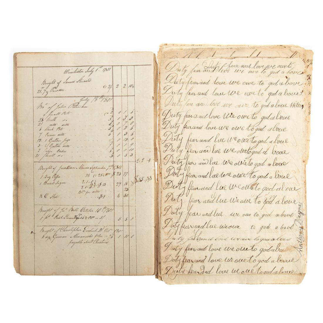 Store Account Book, Winchester, VA, 1798-1802: Partial Ledger containing a record of purchases for inventory, John Miller, Winchester, Va., August 22, 1798 through February 23, 1802; 26 pp., folio, 12 1/2 x 8 in., lacking cover; Together with a fe