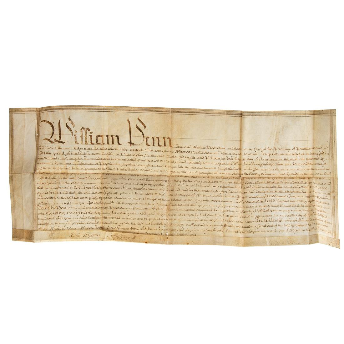 Pennsylvania Proprietary Lease, Philadelphia, 1704: Edward Shippen, Griffith Owen, and James Logan, as Commissioners and Proprietary Deputies of William Penn, hand-engrossed and signed document, Philadelphia, May 2, 1704; 1 p., oblong folio, on vellum:
