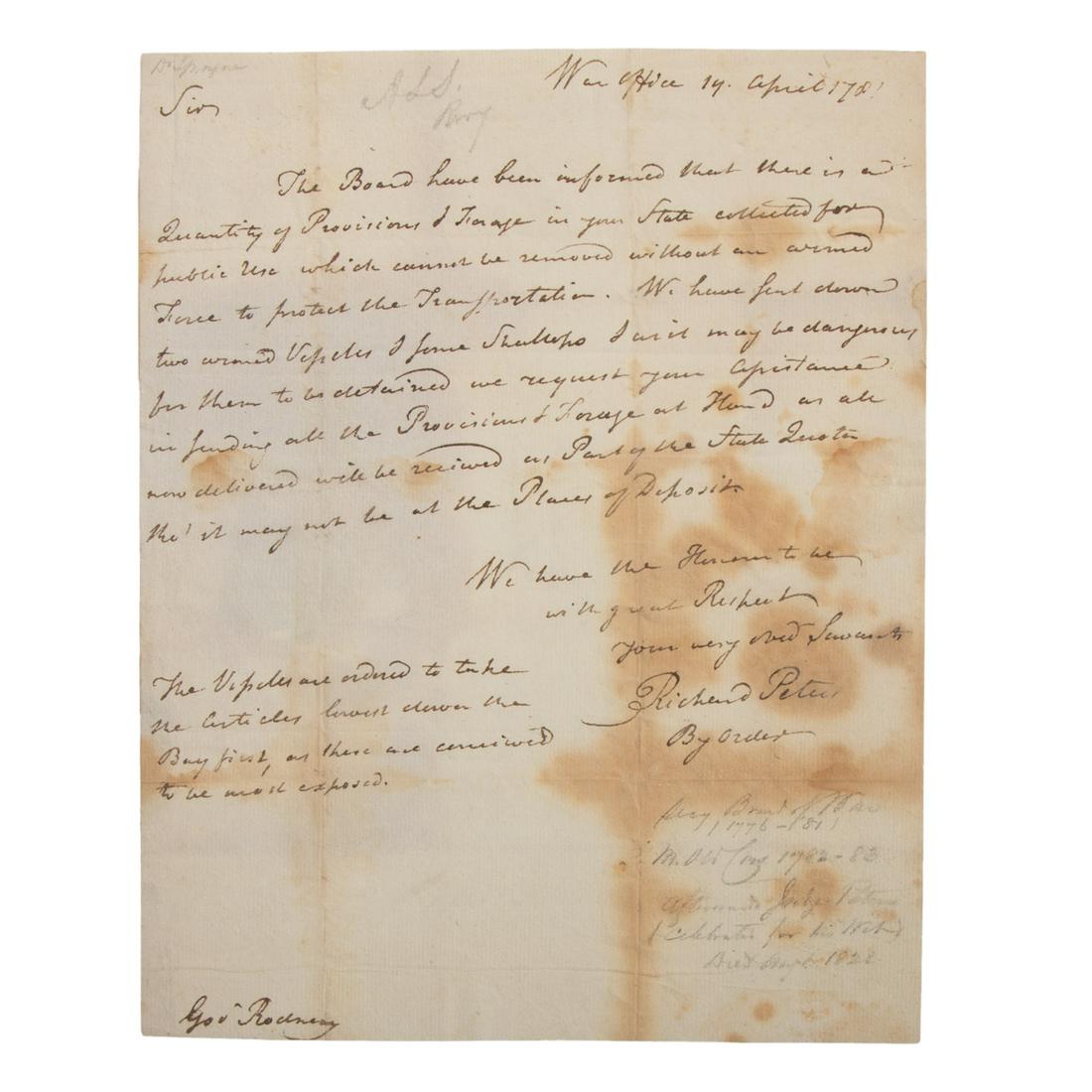 Richard Peters, ALS to Gov. Caesar Rodney, 1781: Richard Peters (1744-1828, Continental Commissioner of War) autograph letter, signed, dated at the war office, Philadelphia, April 19, 1781, to Caesar Rodney, "President of Delaware State," 1 p., 4to,