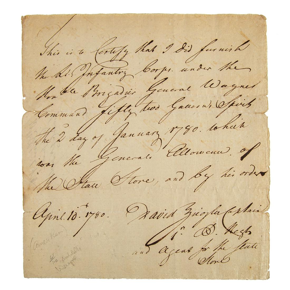 Revolutionary War DS, Anthony Wayne Association: David Ziegler (1748-1811, German soldier, immigrant to Lancaster, PA, in 1775 and soon after joined the PA Line; wounded at Battle of Long Island; Capt. and adjutant in 1st PA Regt. and agent of the s
